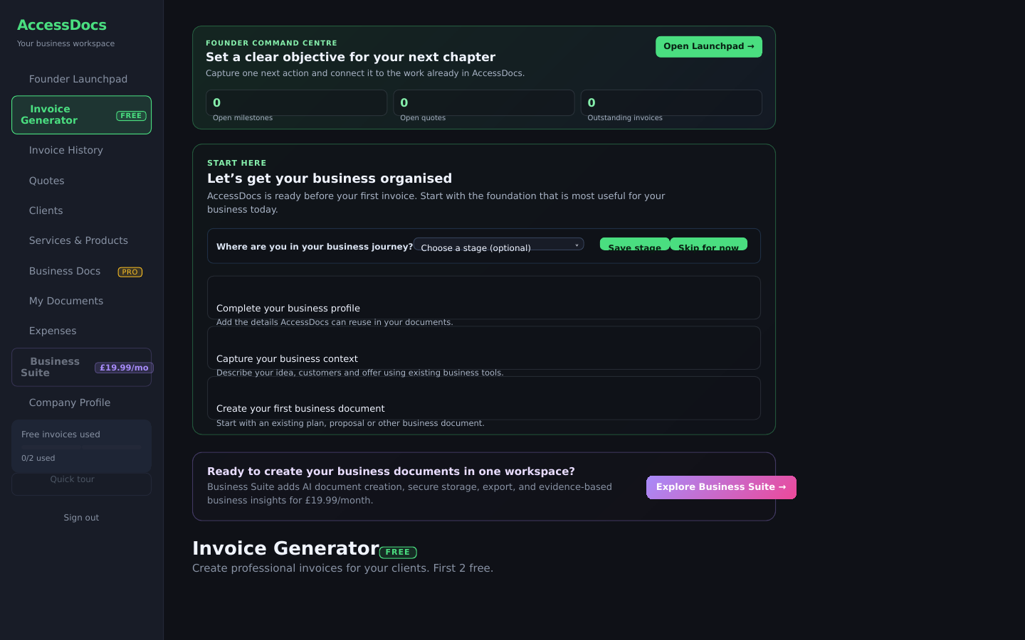 A real AccessDocs dashboard showing the Founder Launchpad, invoice tools, document workspace, Business Suite and starter-state actions.